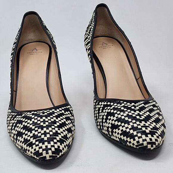 AQUATALIA Pumps Women 10.5 Woven Jute Black Leather Trim Stilettos Made in Italy - Picture 4 of 9